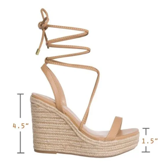 NEW Lace-Up Ankle Wrap Faux Leather Straps Espadrille Wedge Sandals Natural Nude - Picture 8 of 10
